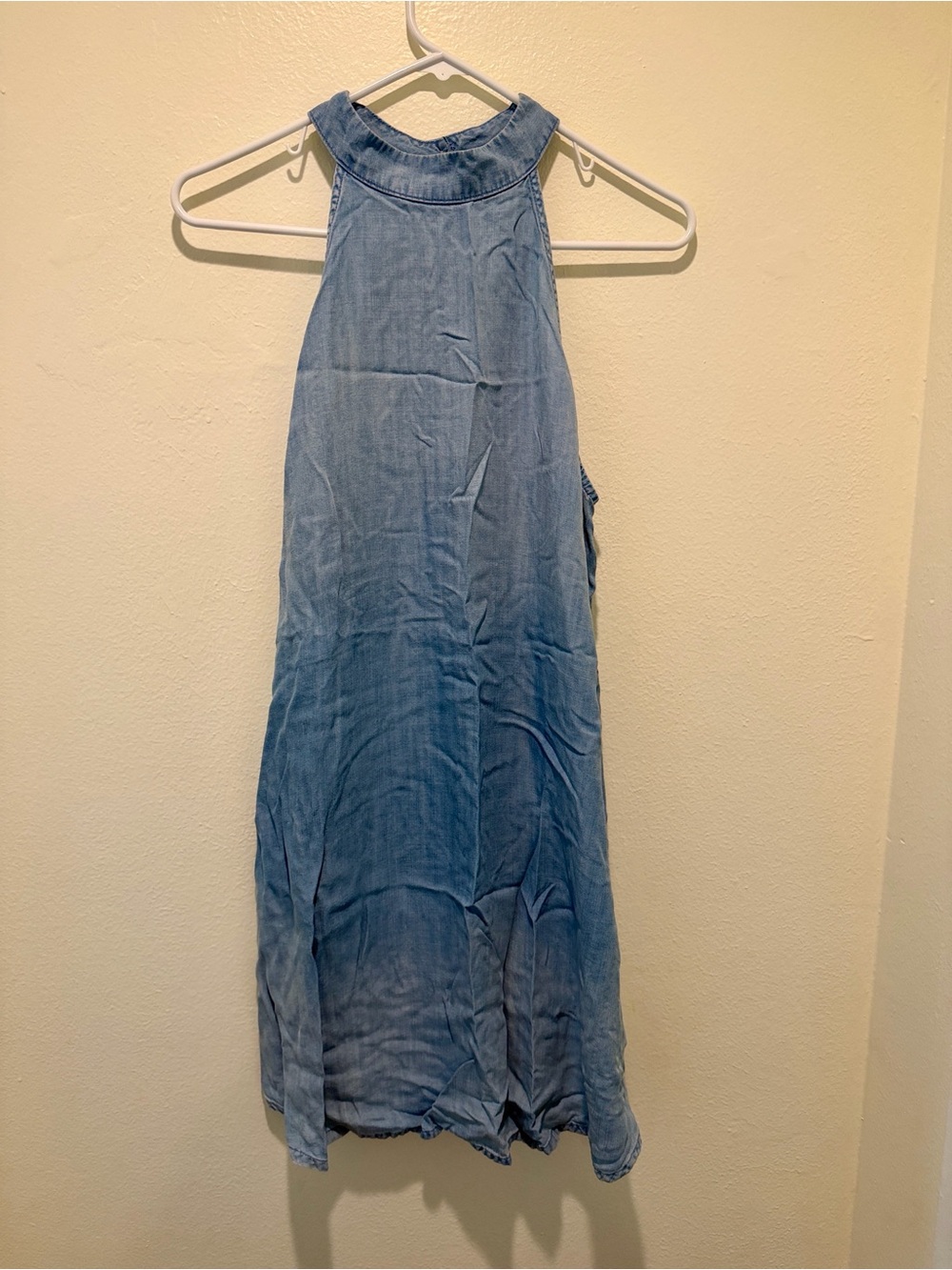 Light Wash Chambray High Neck Dress - Blue